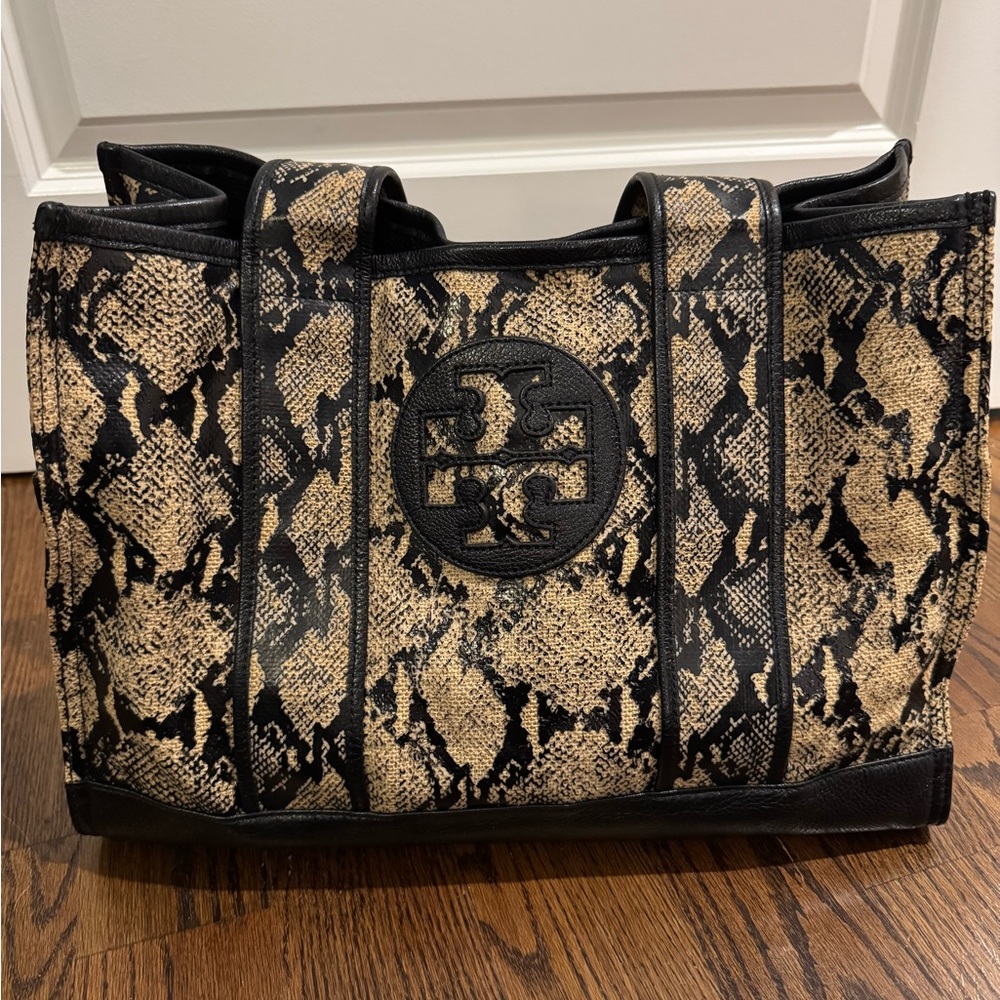 Tory Burch Black and Tan Snake-Print Canvas Tote